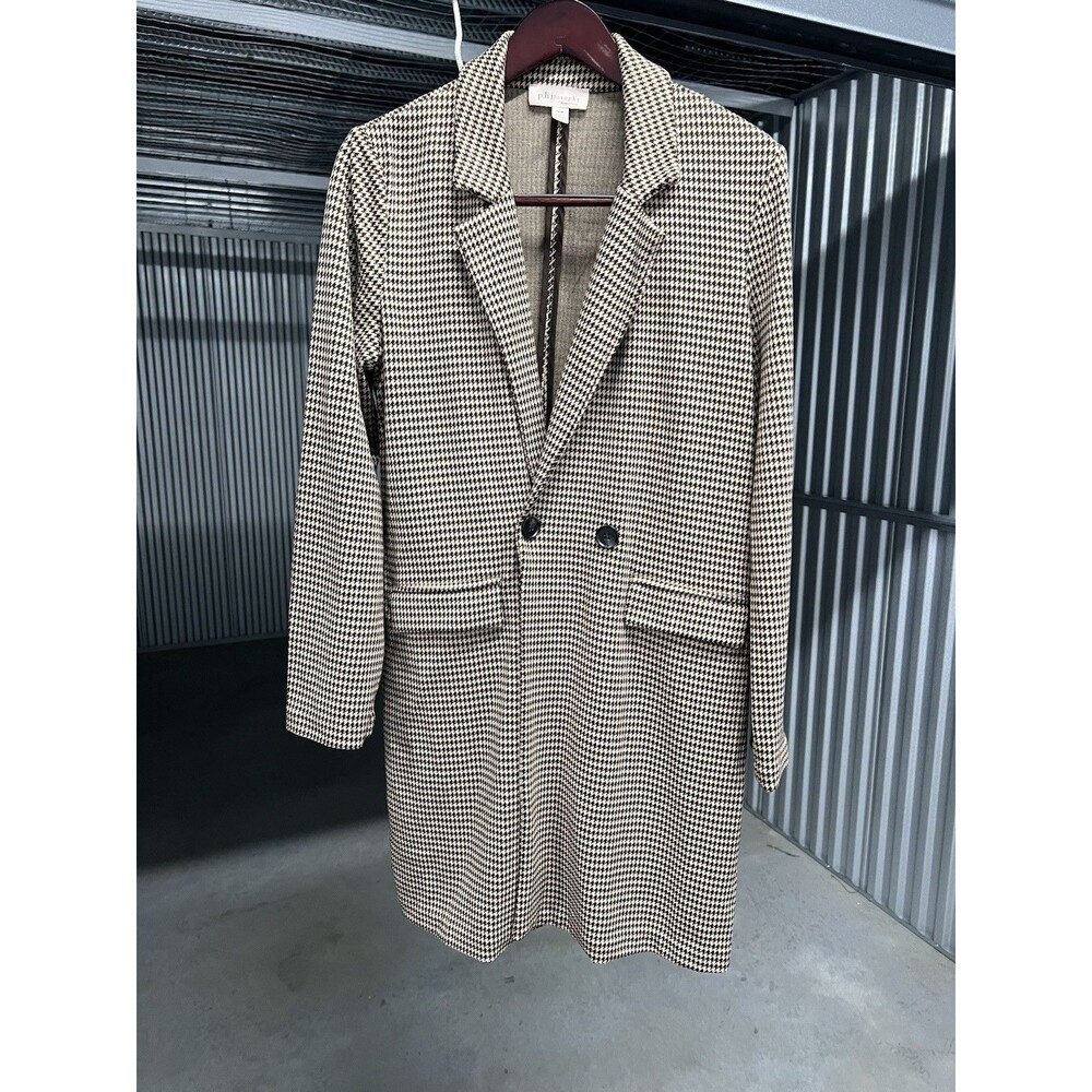 Philosopy Houndstooth Double Breasted Long Trench Coat Brown Womens Size Medium